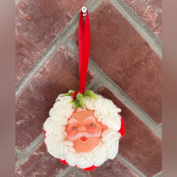 Other - Vintage 70's Handmade Santa Plastic Face Crochet Head Christmas Ornament Red